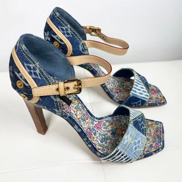 Vintage Louis Vuitton Blue Denim Monogram Heels | Unique Patchwork | S 38.5 EUC - Picture 14 of 14